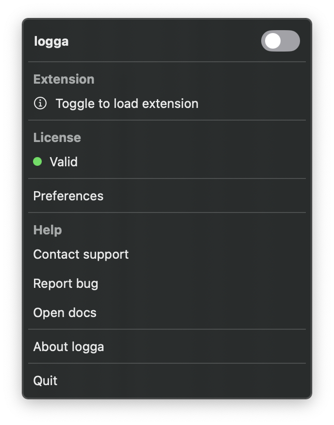Interacting with logga from the menu bar